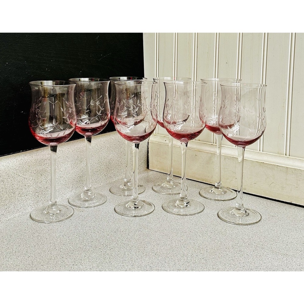 Set of 8 Lenox Crystal Heather Tulip Wine Glasses 8 7/8" Etched Vine Pink
